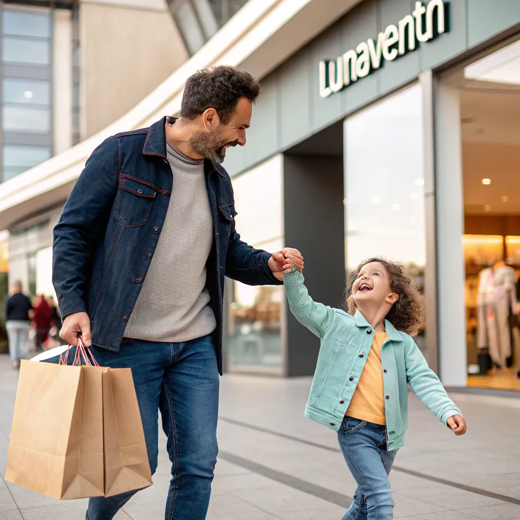 Parent with a happy child after shopping at LUNAVORENTH