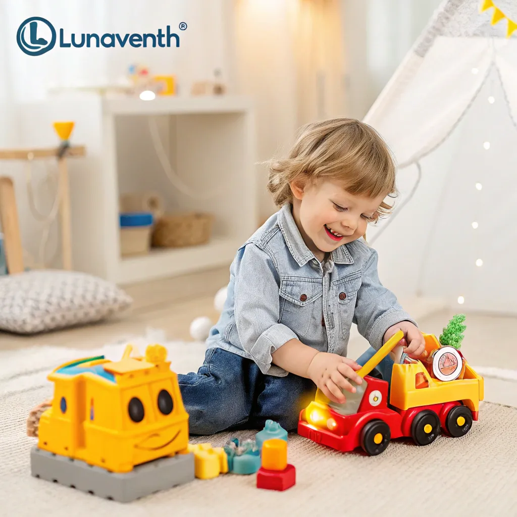 Cheerful child playing with toys from LUNAVORENTH